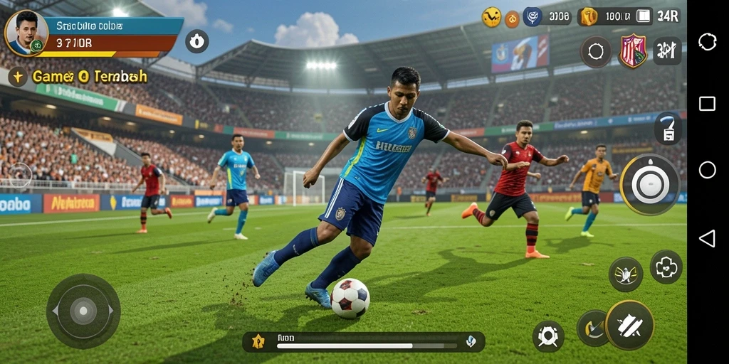 Tangkapan layar gameplay 34R menampilkan aksi pertandingan sepak bola yang intens.
