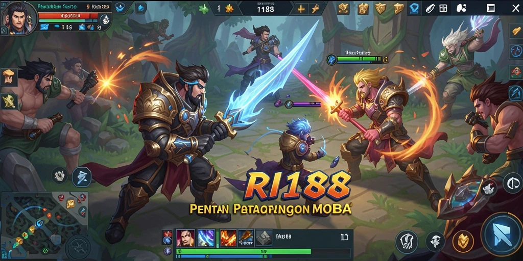 Screenshot gameplay RI188 menampilkan pertarungan seru di arena MOBA.