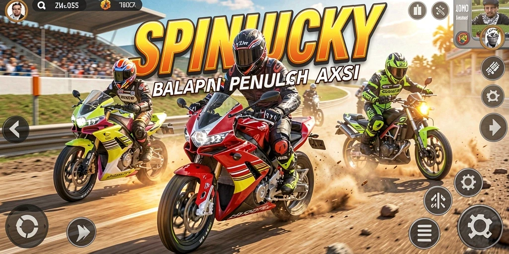 Tampilan gameplay SPINLUCKY yang mendebarkan dalam balapan motor.